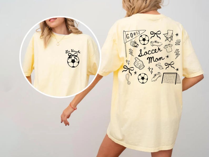 custom soccer t-shirt featuring a unique doodle graphic on the front and back. Customize the team name on the front and player number on the back to show your team pride. Crafted with the comfort colors 1717 tee