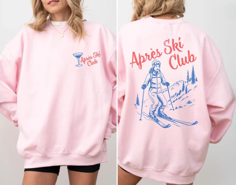 Apres Ski Sweatshirt for Girls Ski Trip, Retro Apres Ski Sweater for Women, Vintage Style Ski Lodge Pullover, Warm Winter Crewneck Light Pink