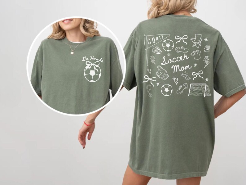 custom soccer t-shirt featuring a unique doodle graphic on the front and back. Customize the team name on the front and player number on the back to show your team pride. Crafted with the comfort colors 1717 tee