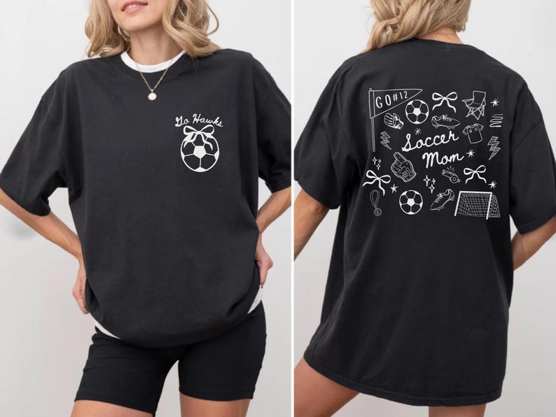 custom soccer t-shirt featuring a unique doodle graphic on the front and back. Customize the team name on the front and player number on the back to show your team pride. Crafted with the comfort colors 1717 tee