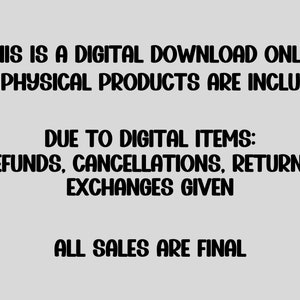 Puede incluir: Texto sobre un fondo blanco que dice "Esta es una descarga digital solamente. No se incluyen productos f&iacute;sicos. Debido a los art&iacute;culos digitales: No se aceptan reembolsos, cancelaciones, devoluciones o cambios. Todas las ventas son finales."