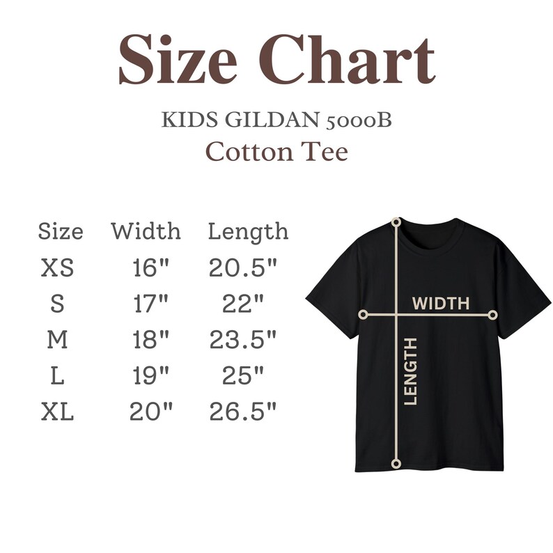 May include: Size chart for kids' Gildan 5000B cotton tee shirts. The chart shows the width and length in inches for sizes XS, S, M, L, and XL.