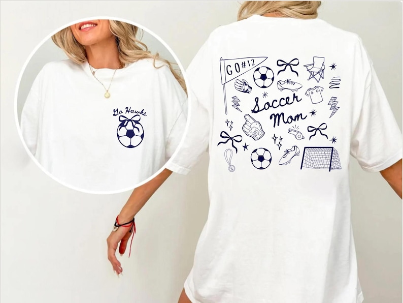 custom soccer t-shirt featuring a unique doodle graphic on the front and back. Customize the team name on the front and player number on the back to show your team pride. Crafted with the comfort colors 1717 tee