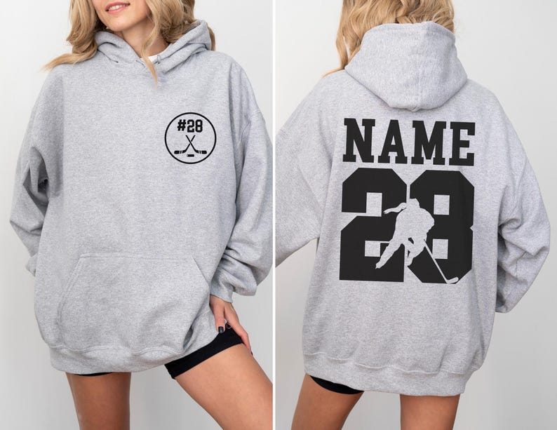 Personalisiertes Hockey Hoodie mit Name und Nummer, personalisierte Hockey Mom Hoodies, Sportbekleidung Sport Grey