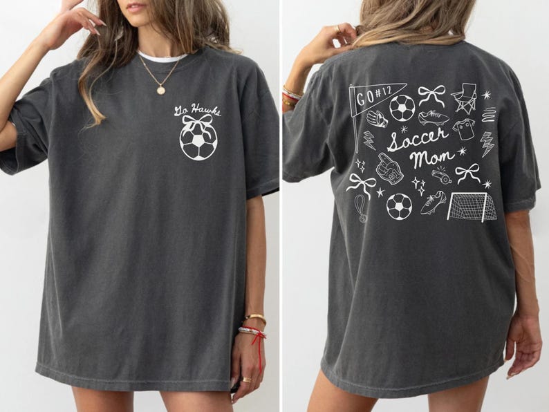 custom soccer t-shirt featuring a unique doodle graphic on the front and back. Customize the team name on the front and player number on the back to show your team pride. Crafted with the comfort colors 1717 tee