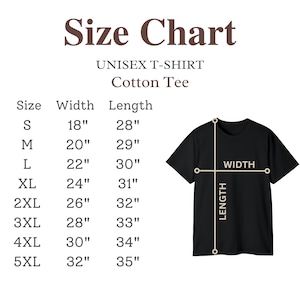 Pu&ograve; includere: Tabella delle taglie per una t-shirt di cotone unisex. La tabella mostra la larghezza e la lunghezza in pollici per le taglie S a 5XL.