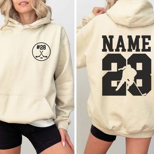 Personalisiertes Hockey Hoodie mit Name und Nummer, personalisierte Hockey Mom Hoodies, Sportbekleidung Sand