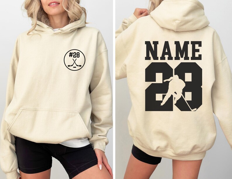 Personalisiertes Hockey Hoodie mit Name und Nummer, personalisierte Hockey Mom Hoodies, Sportbekleidung Sand