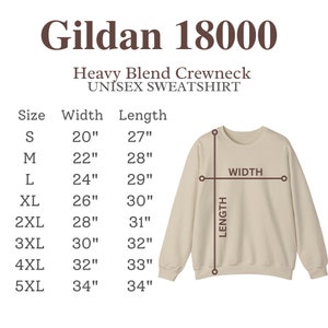 K&ouml;nnte beinhalten: Gr&ouml;&szlig;entabelle f&uuml;r ein Gildan 18000 Unisex-Sweatshirt. Die Tabelle zeigt die Gr&ouml;&szlig;e, die Breite in Zoll und die L&auml;nge in Zoll. Die Tabelle umfasst die Gr&ouml;&szlig;en S bis 5XL.
