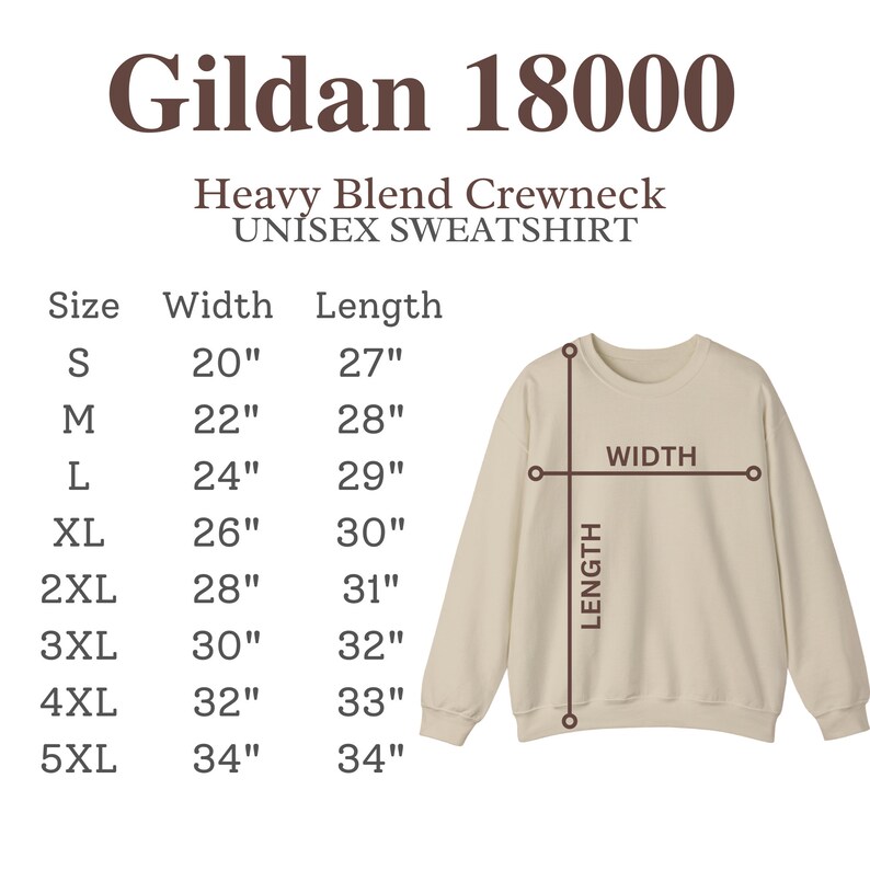 K&ouml;nnte beinhalten: Gr&ouml;&szlig;entabelle f&uuml;r ein Gildan 18000 Unisex-Sweatshirt. Die Tabelle zeigt die Gr&ouml;&szlig;e, die Breite in Zoll und die L&auml;nge in Zoll. Die Tabelle umfasst die Gr&ouml;&szlig;en S bis 5XL.