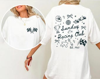 Camiseta de colores cómodos del Sunday Racing Club, camiseta de Fórmula 1, merchandising de F1, camiseta de Fórmula 1, ropa para el día de la carrera, regalo para ella