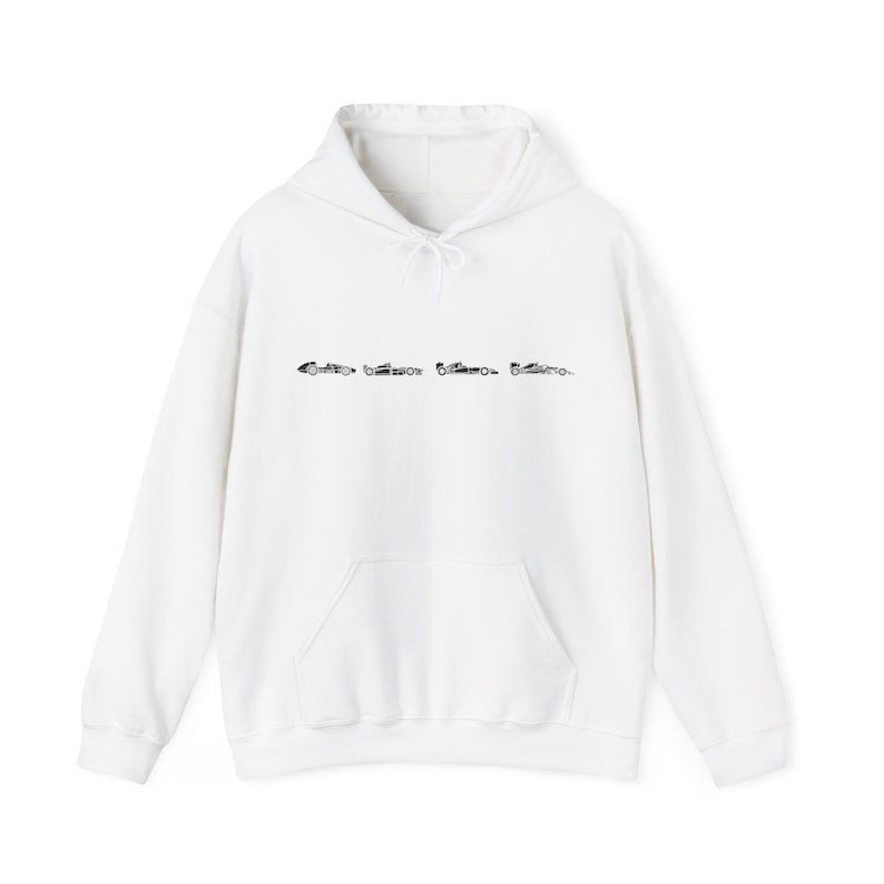 May include: White hooded sweatshirt with a black graphic of a line of race cars on the front.