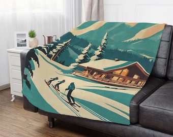 Retro Ski Throw Blanket, Vintage Ski Blanket, Sunset Ski Blanket, Ski House Decor, Ski Couch Throw, Ski Gifts.