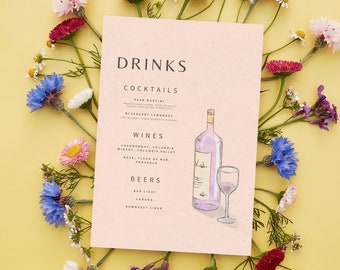 Bearbeitbare Getränkekarte, Cocktails, Wein, Bierliste für Partys, Mittagessen, Abendessen, Restaurant alkoholische Getränke, Canva-Vorlage, einfacher Download