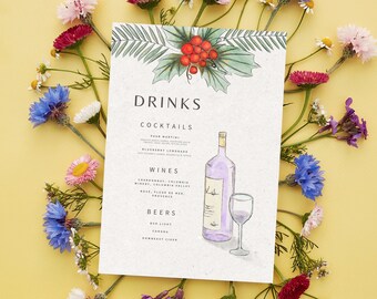 Bearbeitbare Weihnachtshochzeits-Getränkekarte, Cocktails, Wein, Bierliste für Partys, Mittagessen, Abendessen, alkoholische Getränke im Restaurant, Canva-Vorlage