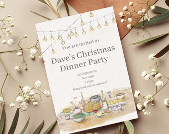 Bearbeitbare Weihnachtsessen-Party-Einladungs-Download, geheimer Weihnachtsmann, weißer Elefant Evite, Familie und Freunde-Dinner-Versammlung, Canva-Vorlage