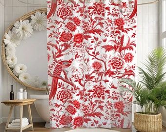 Duschvorhang mit rotem Chinoiserie-Print im Shabby-Chic-Stil – florales Boho-Badezimmer-Dekor