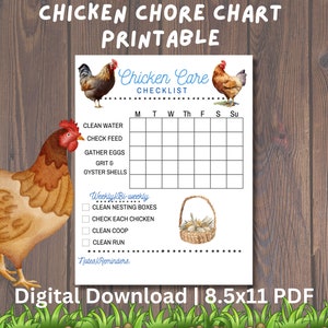 Könnte beinhalten: Ein druckbares Hühner-Pflege-Diagramm mit einer Aquarell-Illustration einer Henne und eines Hahns. Das Diagramm enthält eine Checkliste für tägliche und wöchentliche Aufgaben. Der Text "Chicken Care Checklist" steht oben.