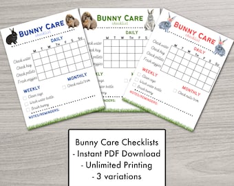 Bunny Care Chore Chart | 3 Colors Daily & Weekly Rabbit Care Tracker | Great for Kids, Adults and Pet sitters | Digital Printable