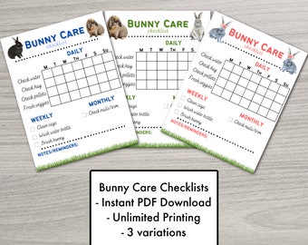 Bunny Care Chore Chart | 3 Colors Daily & Weekly Rabbit Care Tracker | Great for Kids, Adults and Pet sitters | Digital Printable
