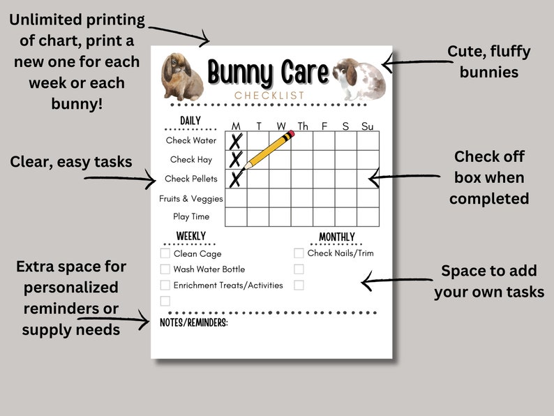 Rabbit Checklist.pdf Bunny Rabbit Care Checklist, Daily Pet Sitter Printable (8.5x11 PDF) - Etsy