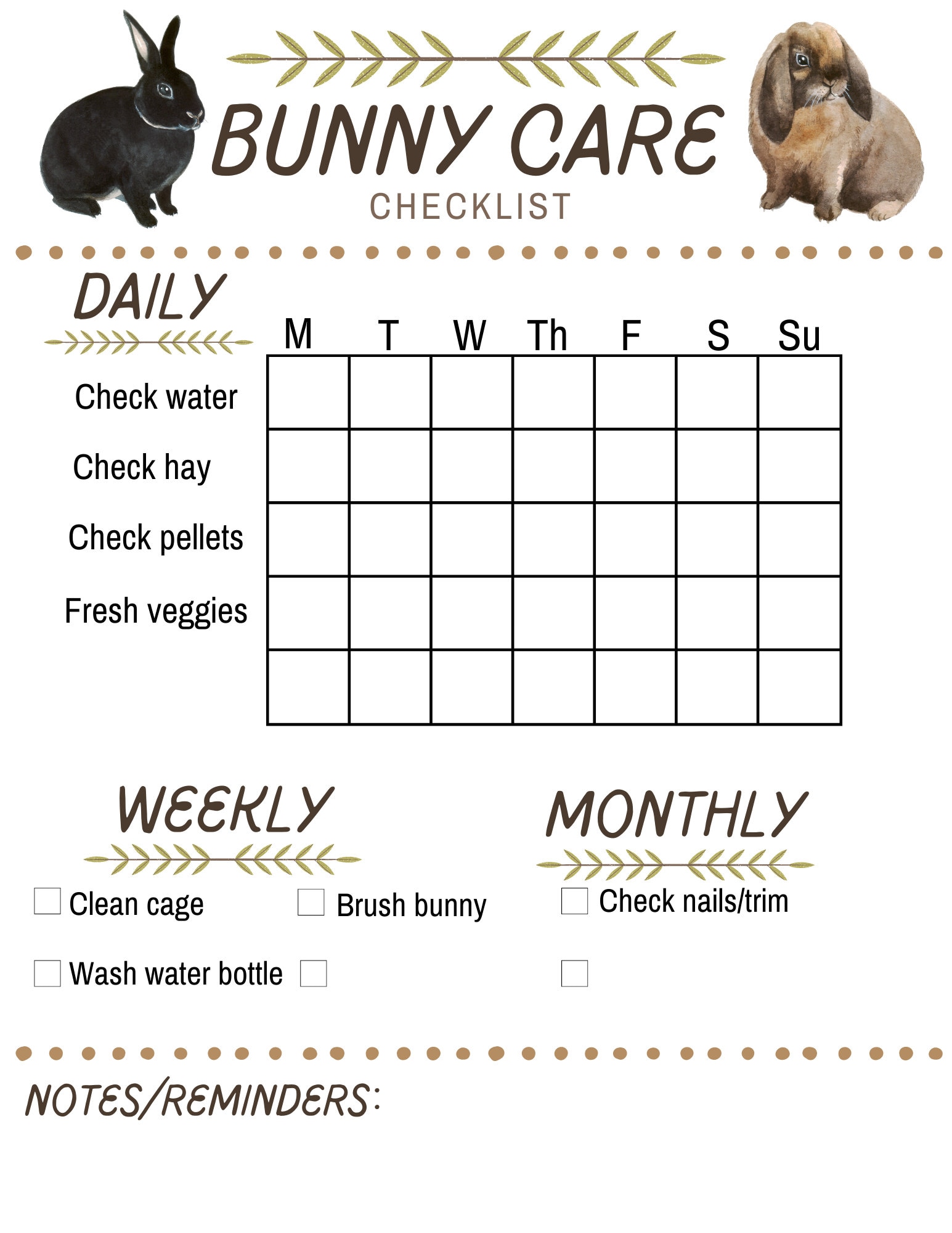 Bunny Rabbit Care Checklist/calendar Great for Kids Adults - Etsy