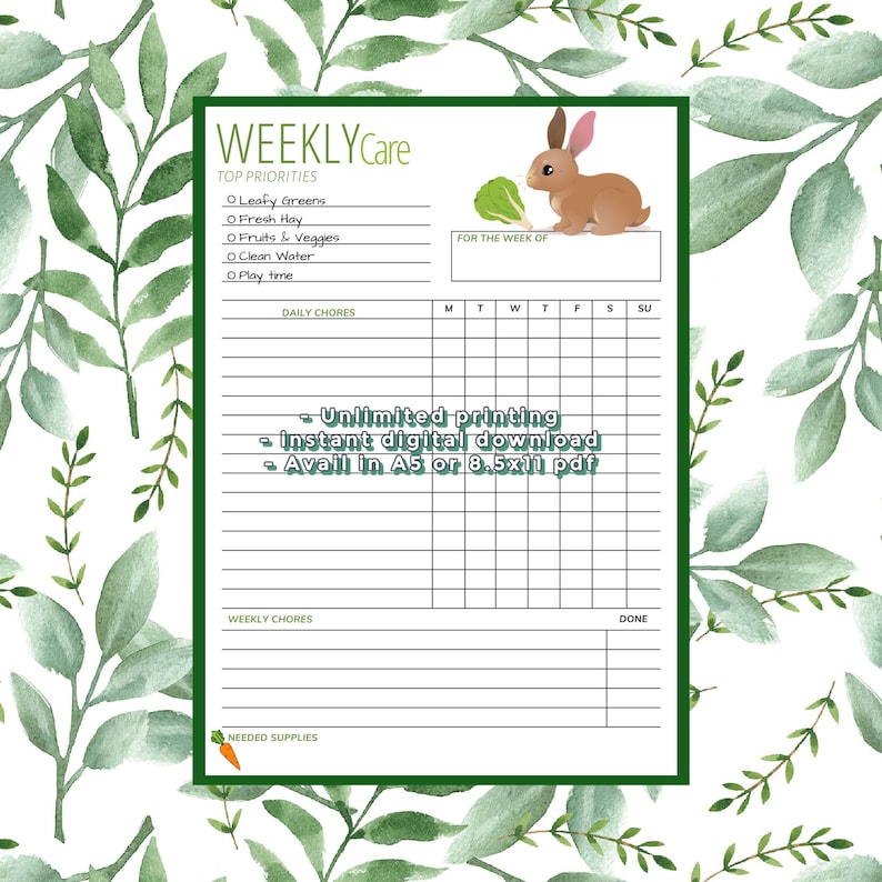 Bunny Chore Chart for Kids Adults or Petsitter - Includes Daily and ...