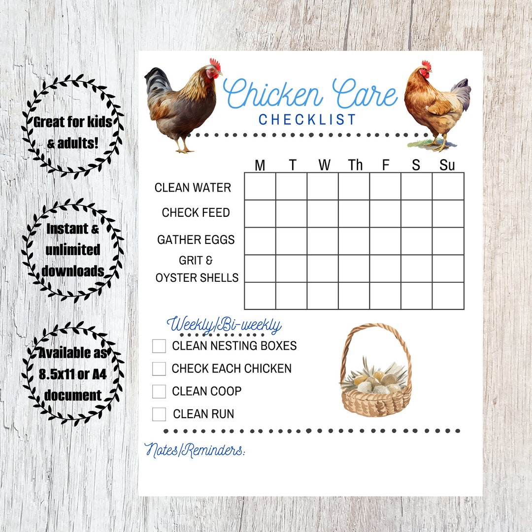 Chicken Chores Care Checklist Instant Download Unlimited Etsy