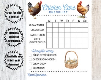 Chicken Chore List Hen Care Chart Task Printable Hen Care Instant Download Daily Weekly Chicken Chores for Family Kids Adults or Petsitters