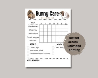 Bunny Rabbit Care Checklist, Daily Pet Sitter Printable (8.5x11 PDF)