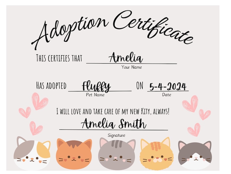 Pet Cat Adoption Certificate Birthday | Kitten Kids Adoption Birthday ...