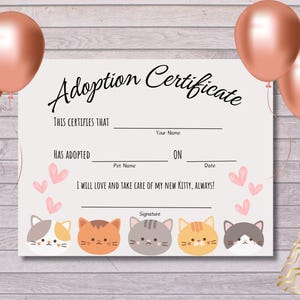 Pet Cat Adoption Certificate Birthday | Kitten Kids Adoption Birthday Party Instant Access, Digital Download, Unlimited Printing | 8.5x11
