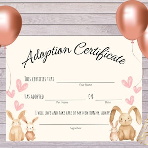 Kaninchen Adoption Zertifikat, Bunny Sticky Geburtstag Party Idee, druckbare Haustier Kaninchen Zertifikat Bunny Rettung druckbare digitale Download