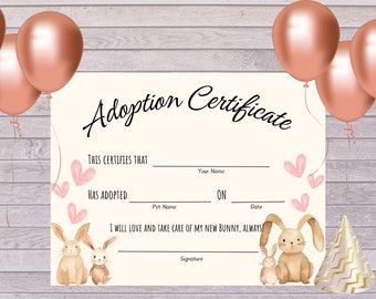 Certificat d'adoption de lapin, idée de fête d'anniversaire pelucheuse, imprimable lapin de compagnie certificat sauvetage de lapin en téléchargement numérique