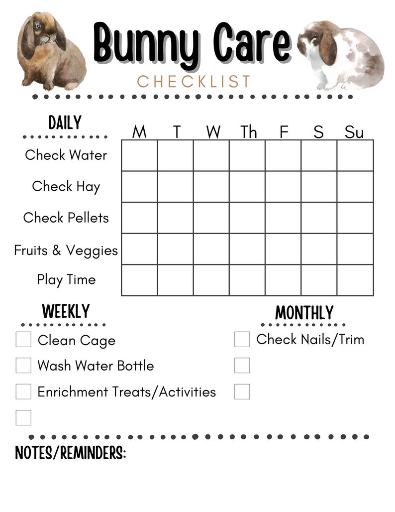 Rabbit Checklist.pdf Bunny Rabbit Care Checklist, Daily Pet Sitter Printable (8.5x11 PDF) - Etsy