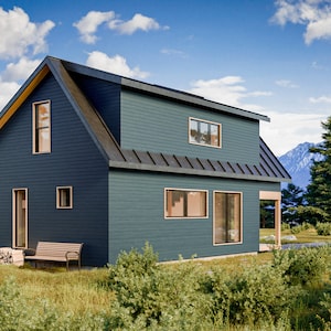 Puede incluir: Una caba&ntilde;a de dos pisos con un exterior verde azulado oscuro, un techo negro y molduras de madera. La caba&ntilde;a tiene varias ventanas y un peque&ntilde;o porche. Un banco y una pila de madera est&aacute;n frente a la caba&ntilde;a. El fondo presenta &aacute;rboles, monta&ntilde;as y un cielo azul.