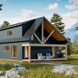 Puede incluir: Una caba&ntilde;a moderna de dos pisos con un exterior azul oscuro, un techo de metal negro y un porche de madera. La caba&ntilde;a est&aacute; rodeada de &aacute;rboles, hierba y rocas, con monta&ntilde;as al fondo. Hay un coche blanco aparcado cerca.