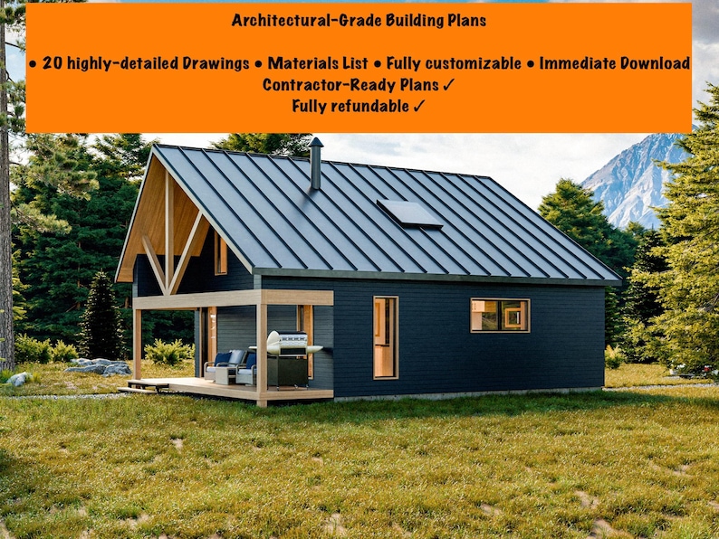 Puede incluir: Imagen digital de una caba&ntilde;a moderna con exterior azul oscuro, techo de metal gris y porche de madera. El texto superpuesto dice "Planos de construcci&oacute;n de grado arquitect&oacute;nico" y enumera caracter&iacute;sticas como dibujos detallados y planos listos para contratistas.