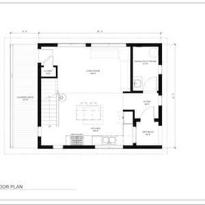 Puede incluir: Plano arquitect&oacute;nico en blanco y negro con la etiqueta "Planta Baja". El plano incluye una terraza cubierta, armario, sal&oacute;n, cocina, lavadero/cuarto de servicio, vest&iacute;bulo y vest&iacute;bulo. La escala es 1/4" = 1'-0".