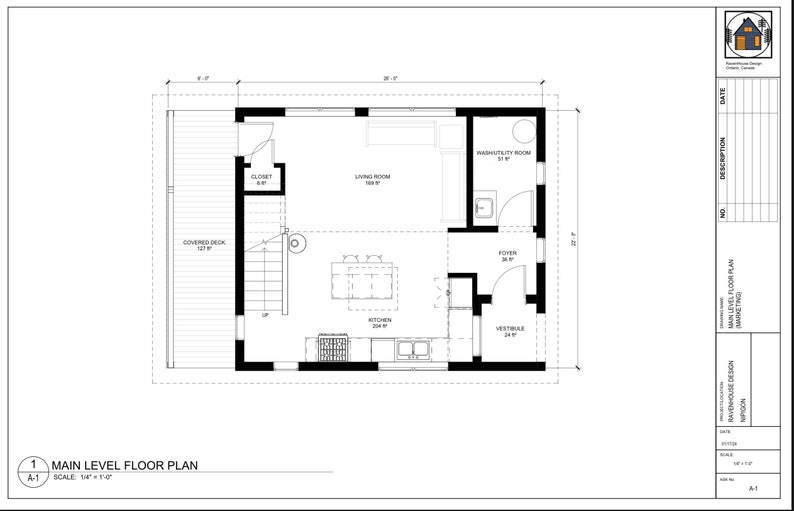 Puede incluir: Plano arquitect&oacute;nico en blanco y negro con la etiqueta "Planta Baja". El plano incluye una terraza cubierta, armario, sal&oacute;n, cocina, lavadero/cuarto de servicio, vest&iacute;bulo y vest&iacute;bulo. La escala es 1/4" = 1'-0".