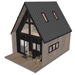 May include: A small, wooden cabin with a black roof and a large window on the front. The cabin has a wooden deck with two wicker chairs.