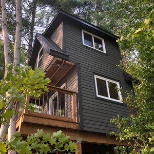 May include: A small, dark gray cabin with a wooden deck and a metal roof. The cabin is elevated on wooden posts and surrounded by trees.