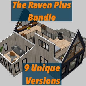 May include: Architectural rendering of a modern house with multiple rooms, including a living area, bedroom, and office space. The image features the text "The Raven Plus Bundle" and "9 Unique Versions" in orange and blue.