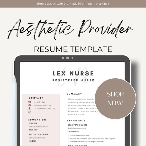 Aesthetic Nurse Resume, Nurse Injector Resume, Nurse Resume, Aesthetic Resume, Customizable Instant Downloadable