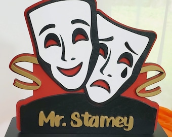 Personalized Theater Teacher Desk Sign: Comedy Tragedy Masks, Personalized 3D Name Plate, Drama Theatre Teacher Gifts, Teacher Desk Decor