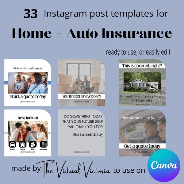 Social media content for Home & Auto Insurance broker | 33 Instagram posts for Insurance Agent | digital download | Free Canva template