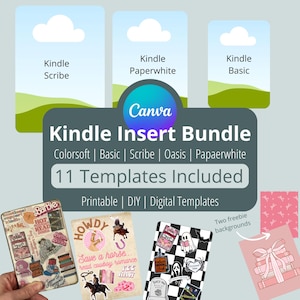 May include: A digital download of 11 printable Kindle insert templates. The templates are designed for various Kindle models, including Colorsoft, Basic, Scribe, Oasis, and Paperwhite. The image shows a variety of templates with different themes, including Barbie, cowboy romance, and a spooky design. Two freebie backgrounds are also included.