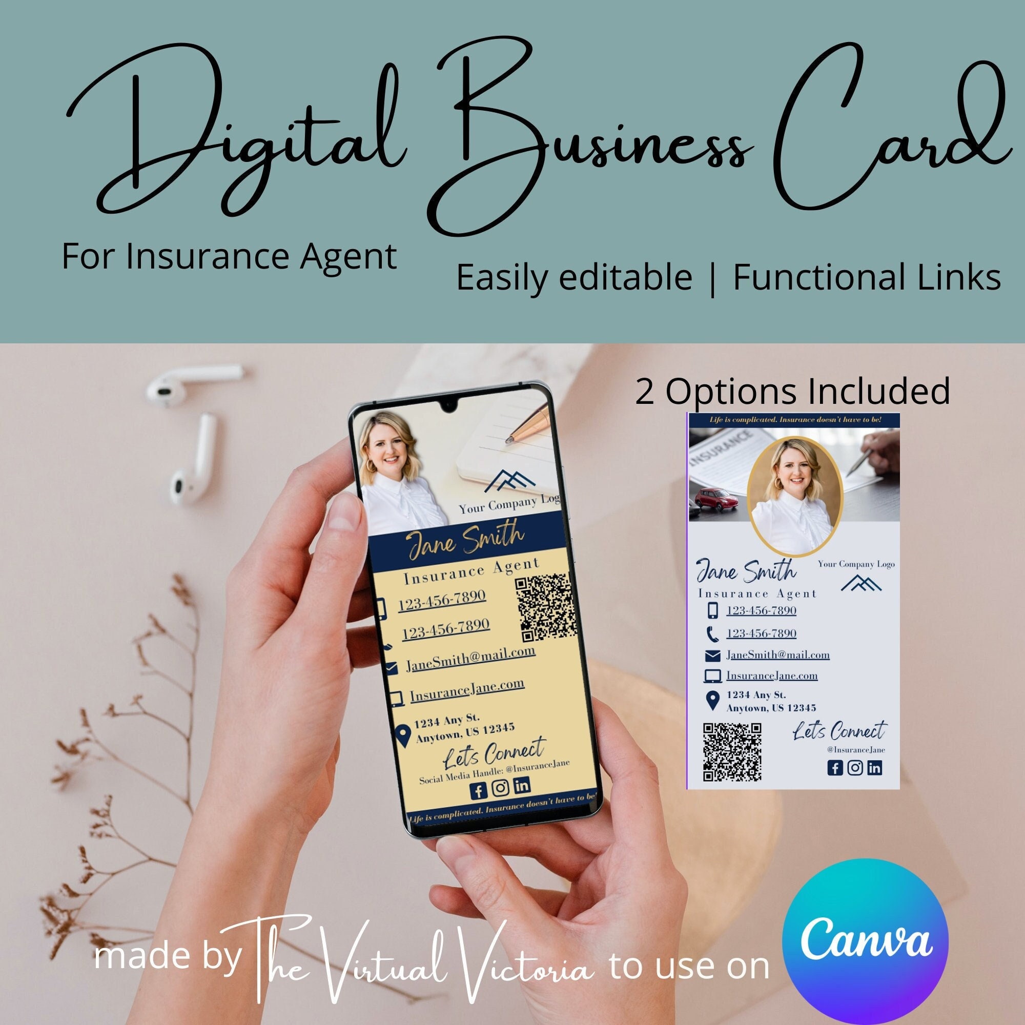 Digital Business Card QR Code Canva Template Insurance Agent Business