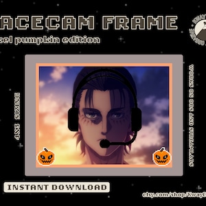 May include: A digital facecam frame with a pixelated pumpkin design. The frame features a character from the anime Attack on Titan with a headset. The text "FACECAM FRAME" and "pixel pumpkin edition" is displayed at the top of the image. The text "WORKS ON OBS AND STREAMLABS" is displayed on the right side of the image. The text "4X3 SIZING" is displayed on the left side of the image. The text "INSTANT DOWNLOAD" is displayed at the bottom of the image. The text "etsy.com/shop/KwayCreative" is displayed at the bottom right of the image.