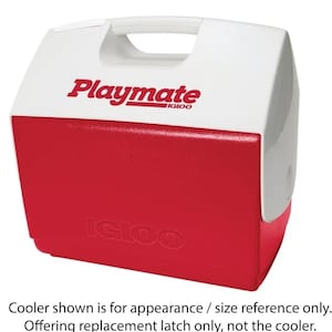 May include: Red and white Playmate cooler with the Igloo logo. The cooler is closed and has a handle on the top.